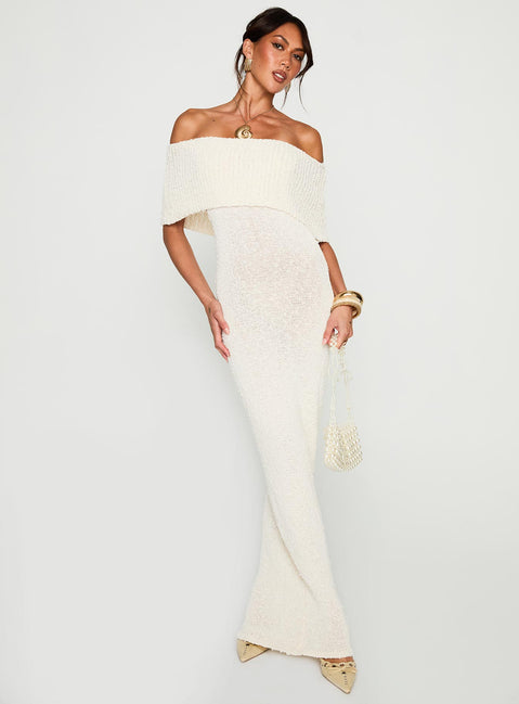 front view of model wearing Princess Polly Nixen Strapless Knit Maxi Dress Cream Straight Neck 