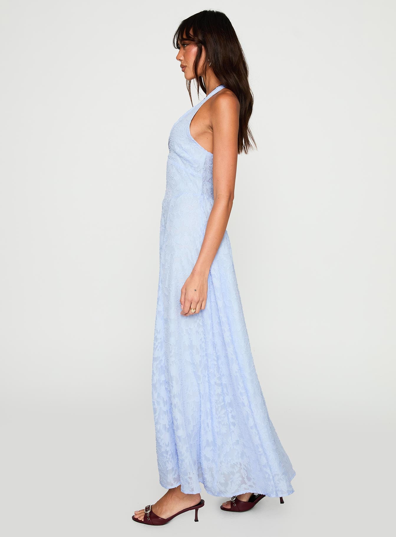 side view of model wearing Princess Polly Hours In Silence Drop Waist Maxi Dress Blue Plunger 