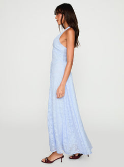 side view of model wearing Princess Polly Hours In Silence Drop Waist Maxi Dress Blue Plunger 