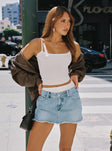 front view of model wearing Princess Polly Mitzo Mid Rise Denim Skort Light Wash High Waisted Shorts 