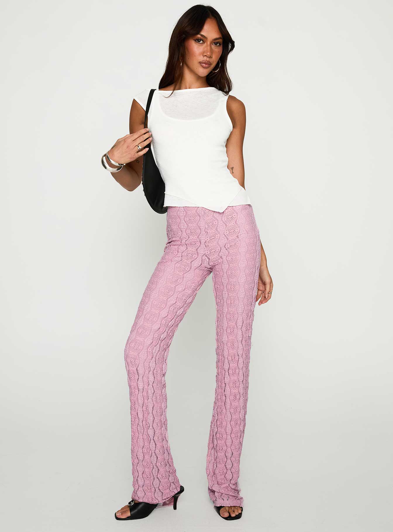 front view of model wearing Princess Polly Carnivale Pants Pink High Waisted Pants 
