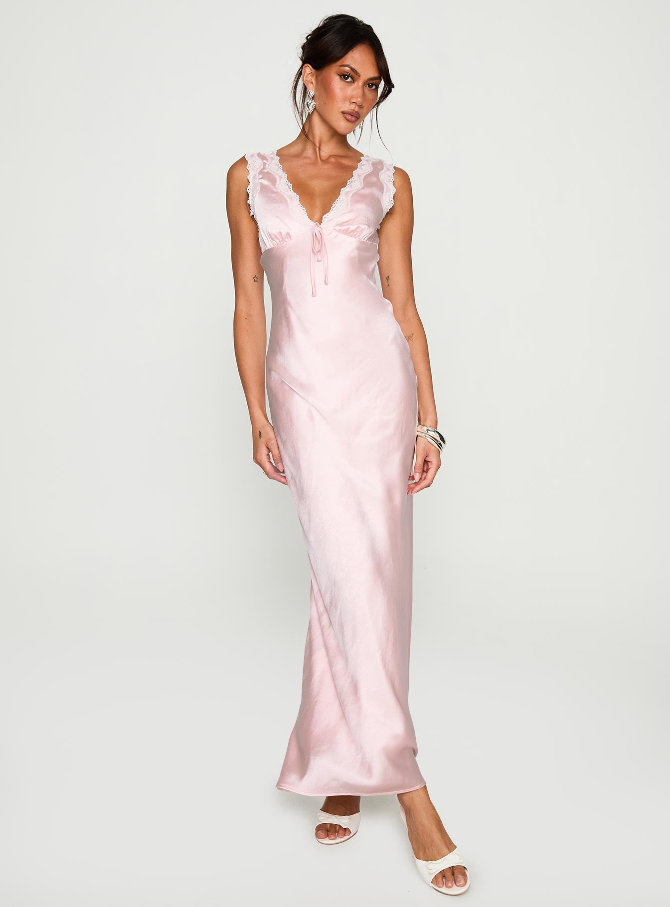 front view of model wearing Princess Polly Liliya Lace Maxi Dress Pink Plunger 