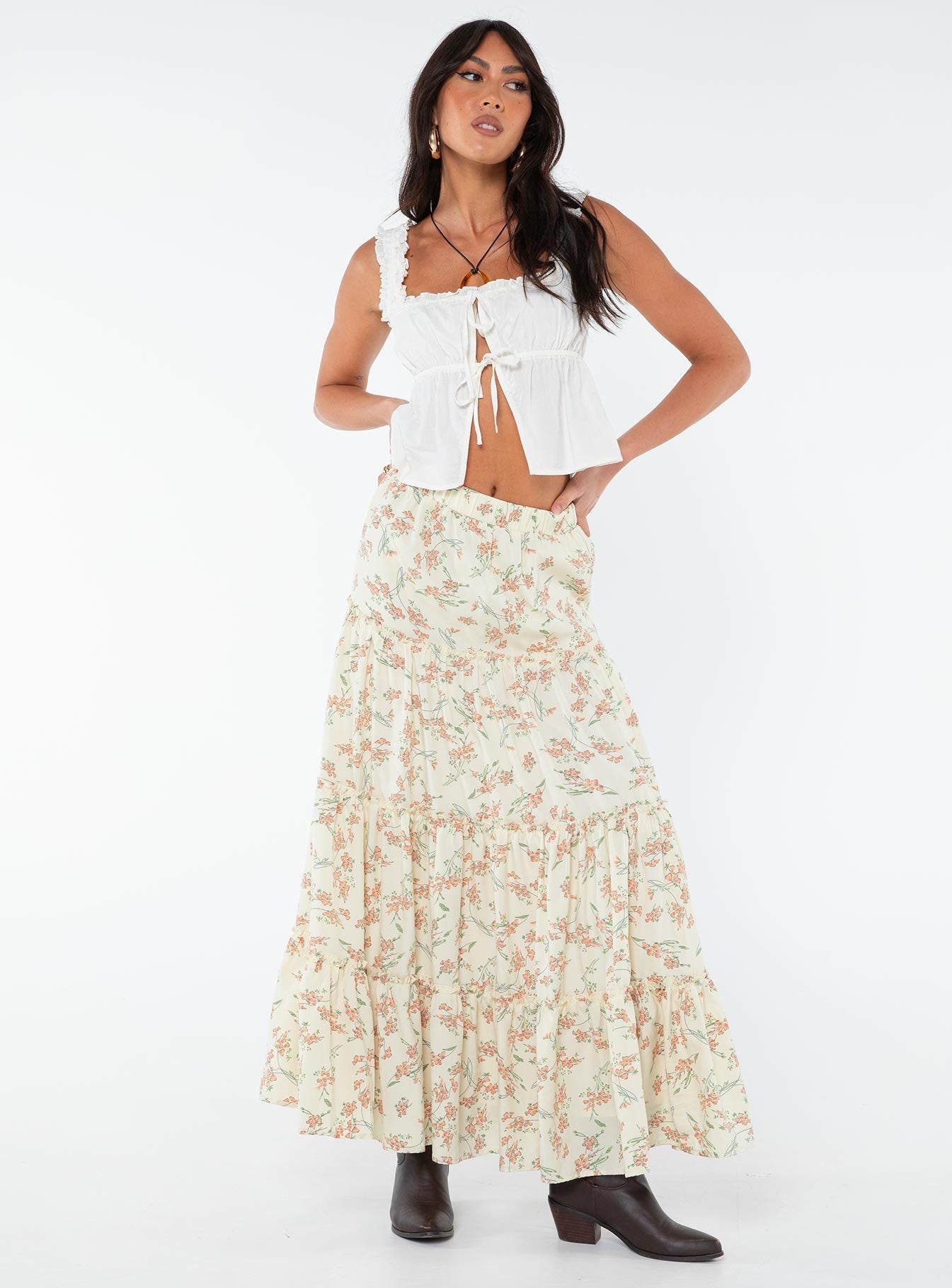 product Miriah Maxi Skirt Cream Floral Princess Polly  Midi Skirts 