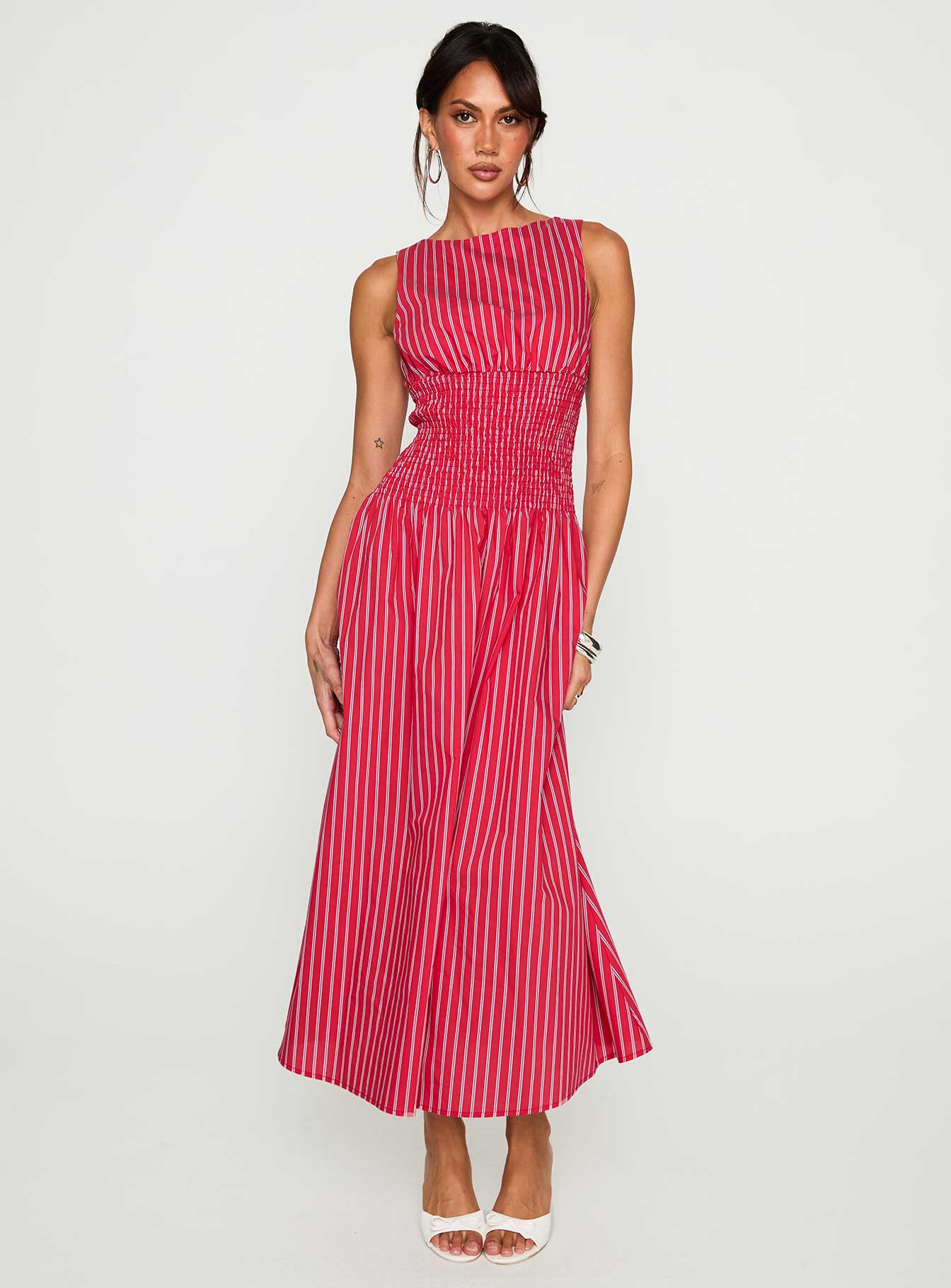 front view of model wearing Princess Polly Lilienne Cotton Poplin Maxi Dress Red Stripe Crew Neck 