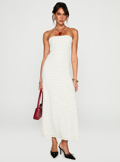 front view of model wearing Princess Polly Just For Fun Strapless Maxi Dress White Polka Dot Straight Neck 