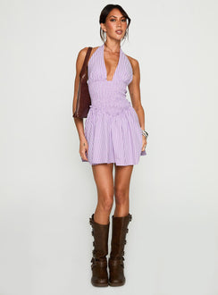 side view of model wearing Princess Polly Attracted Halter Mini Dress Purple Stripe Plunger 
