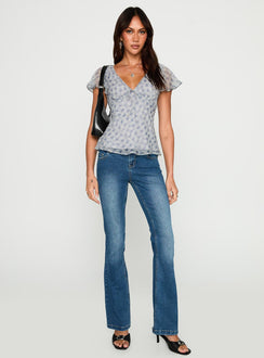 side view of model wearing Princess Polly My Last Love Top Blue Check Short Sleeves Plunger 