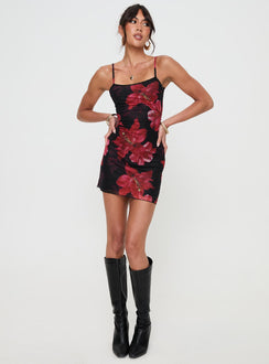 front view of model wearing Princess Polly Kellers Mini Dress Black Floral Tall Square Neck 