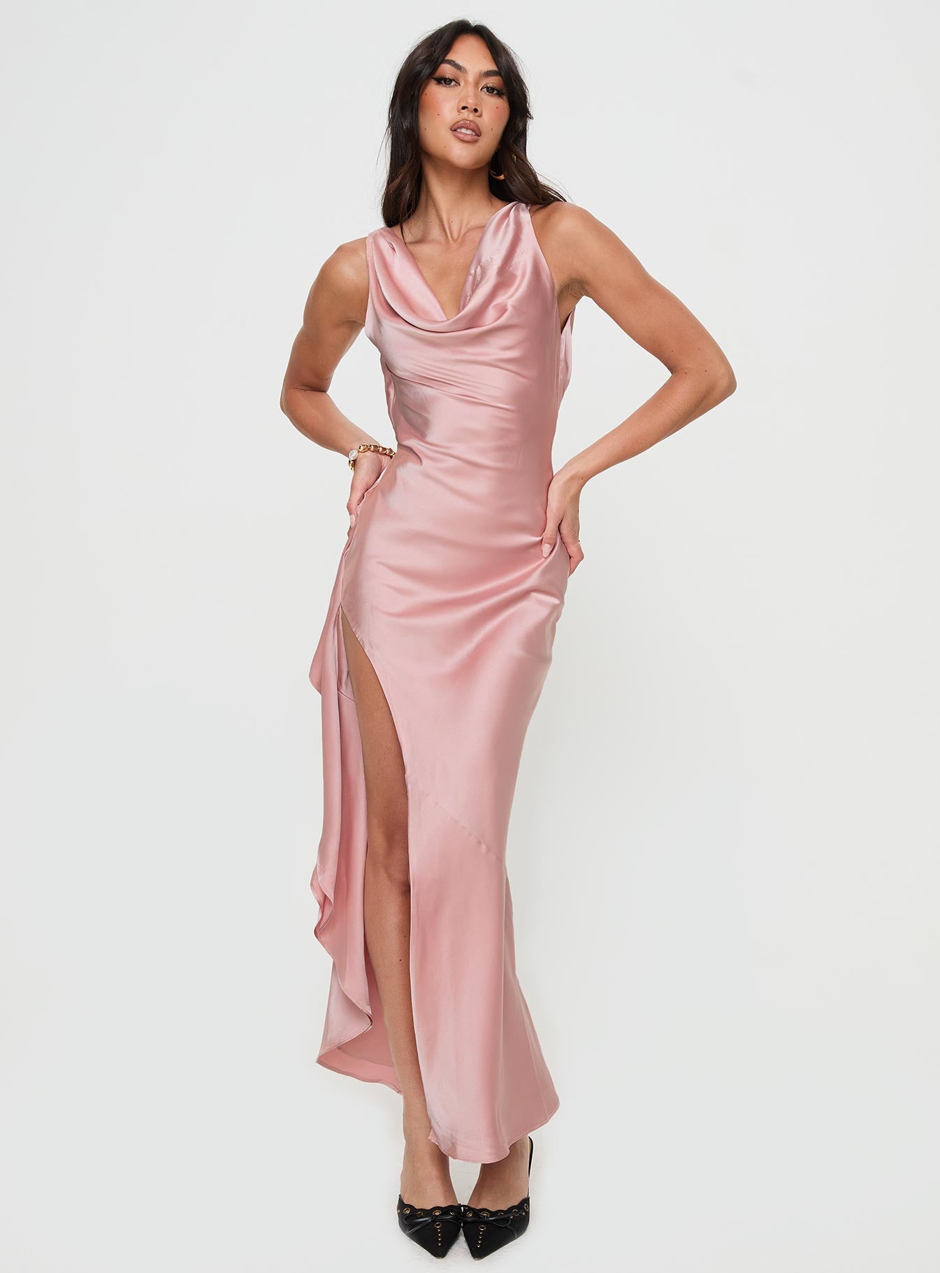 front view of model wearing Princess Polly Hold Me Tight Maxi Dress Pink Cowl Neck 