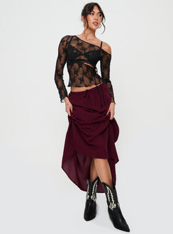   front view of model wearing Princess Polly Whole Again Maxi Skirt Burgundy Maxi 