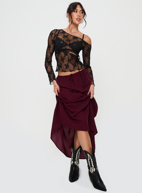   front view of model wearing Princess Polly Whole Again Maxi Skirt Burgundy Maxi 
