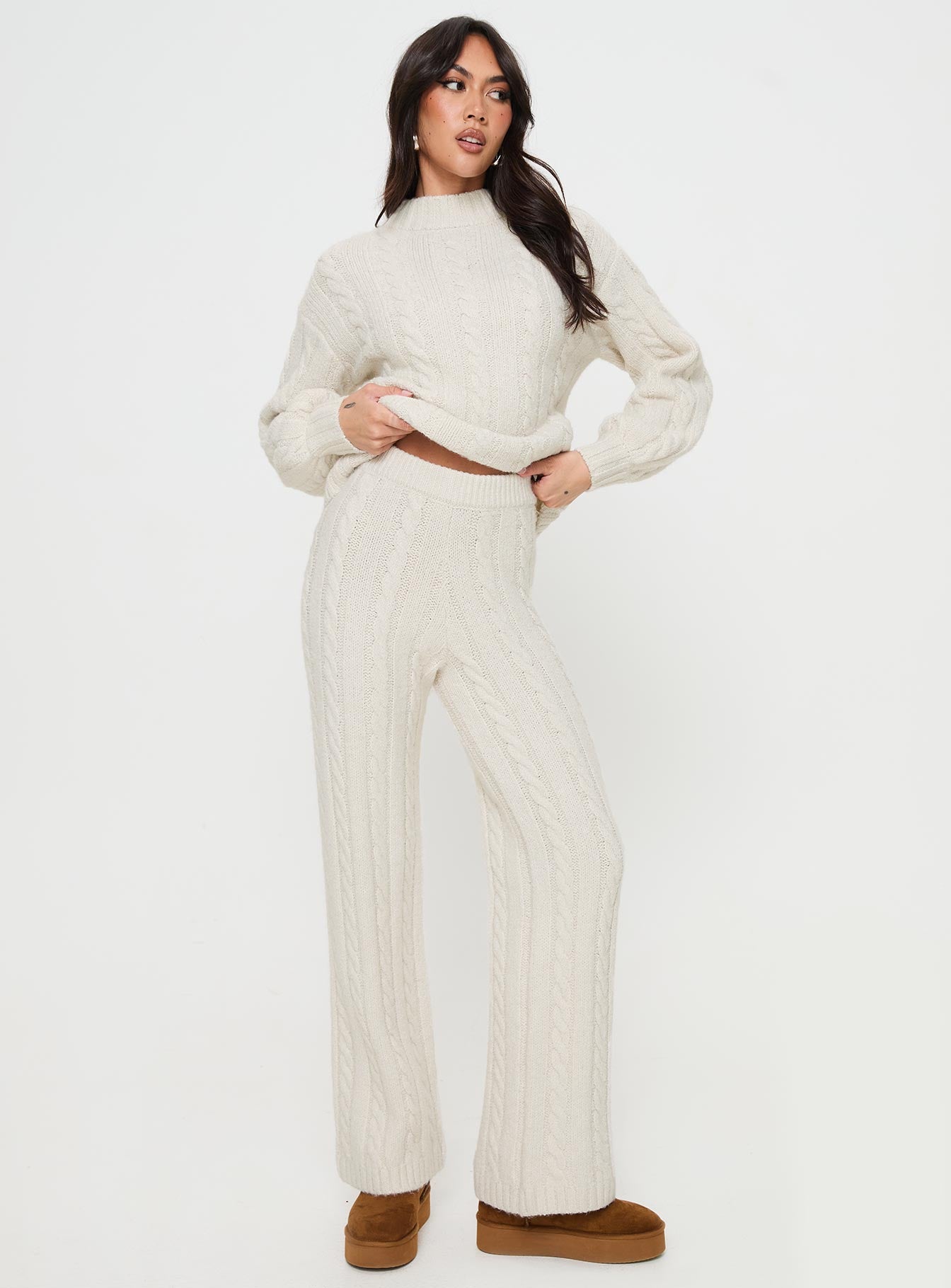 front view of model wearing Princess Polly Sharif Cable Knit Pants Beige High Waisted Pants 