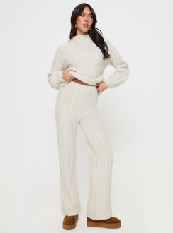 front view of model wearing Princess Polly Sharif Cable Knit Pants Beige High Waisted Pants 