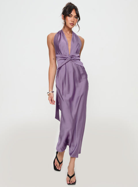 side view of model wearing Princess Polly Acesa Maxi Dress Mauve Plunger 