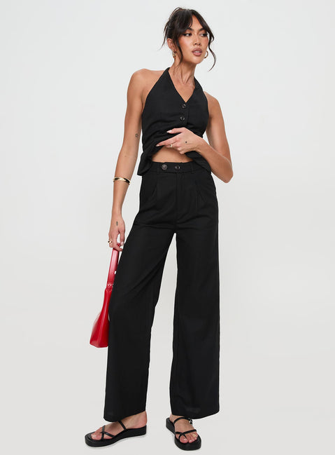 Black Matching set Vest halter style, open back, button fastening, faux twin hip pockets, elasticated waistband with belt loops, button and zip fastening