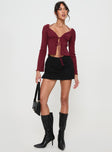 front view of model wearing Princess Polly Chantria Long Sleeve Halter Top Burgundy Full Sleeves Sweetheart 