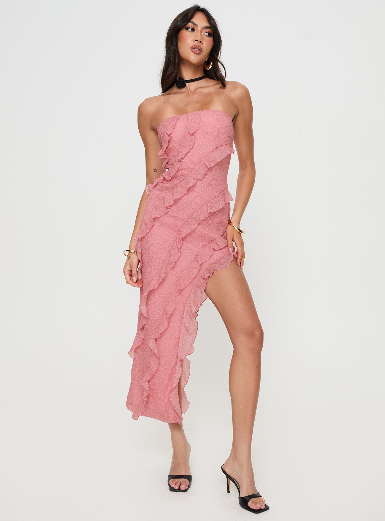 front view of model wearing Princess Polly Elestria Strapless Midi Dress Pink Straight Neck 
