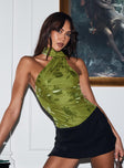 front view of model wearing Princess Polly Frostbloom Scarf Neck Bodysuit Green Sleeveless Asymmetric Neckline 