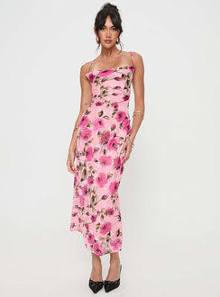 front view of model wearing Princess Polly Ara Maxi Dress Pink Floral Square Neck 