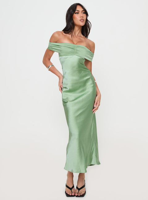 side view of model wearing Princess Polly Sadee Maxi Dress Sage Straight Neck 