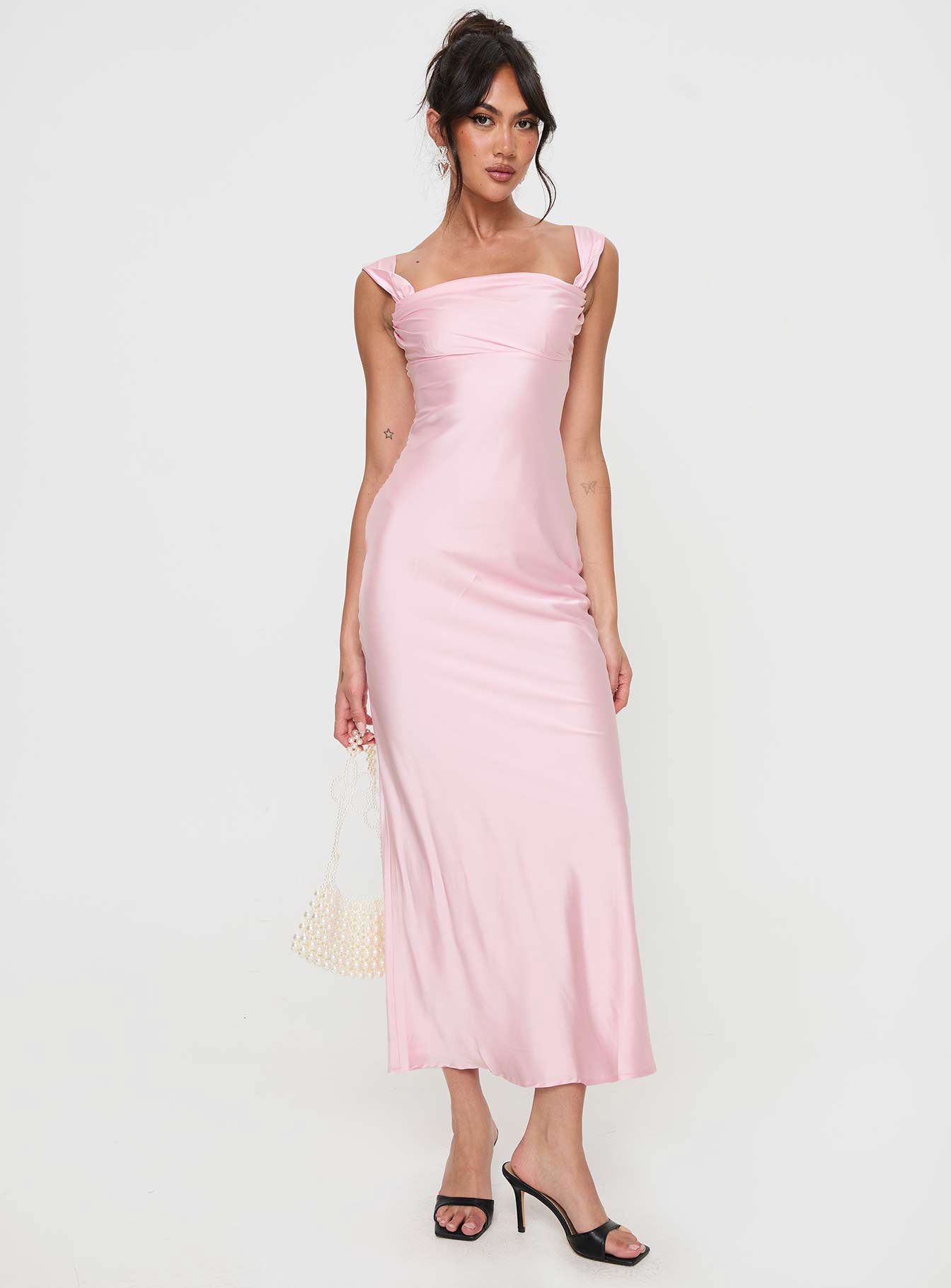 front view of model wearing Princess Polly Azura Off The Shoulder Maxi Dress Pink Square Neck 