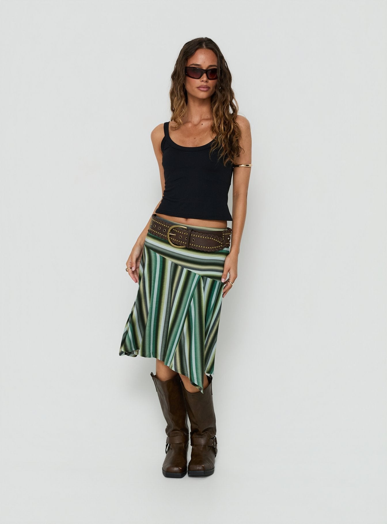 Crafted with Desidera Asymmetrical Midi Skirt Blue Multi Stripe womens-skirts in flared and fitted style detail Princess Polly