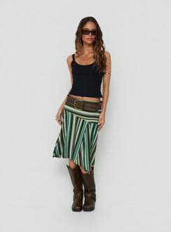 Crafted with Desidera Asymmetrical Midi Skirt Blue Multi Stripe womens-skirts in flared and fitted style detail Princess Polly