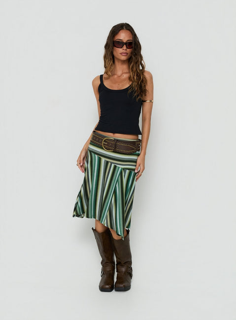Crafted with Desidera Asymmetrical Midi Skirt Blue Multi Stripe womens-skirts in flared and fitted style detail Princess Polly