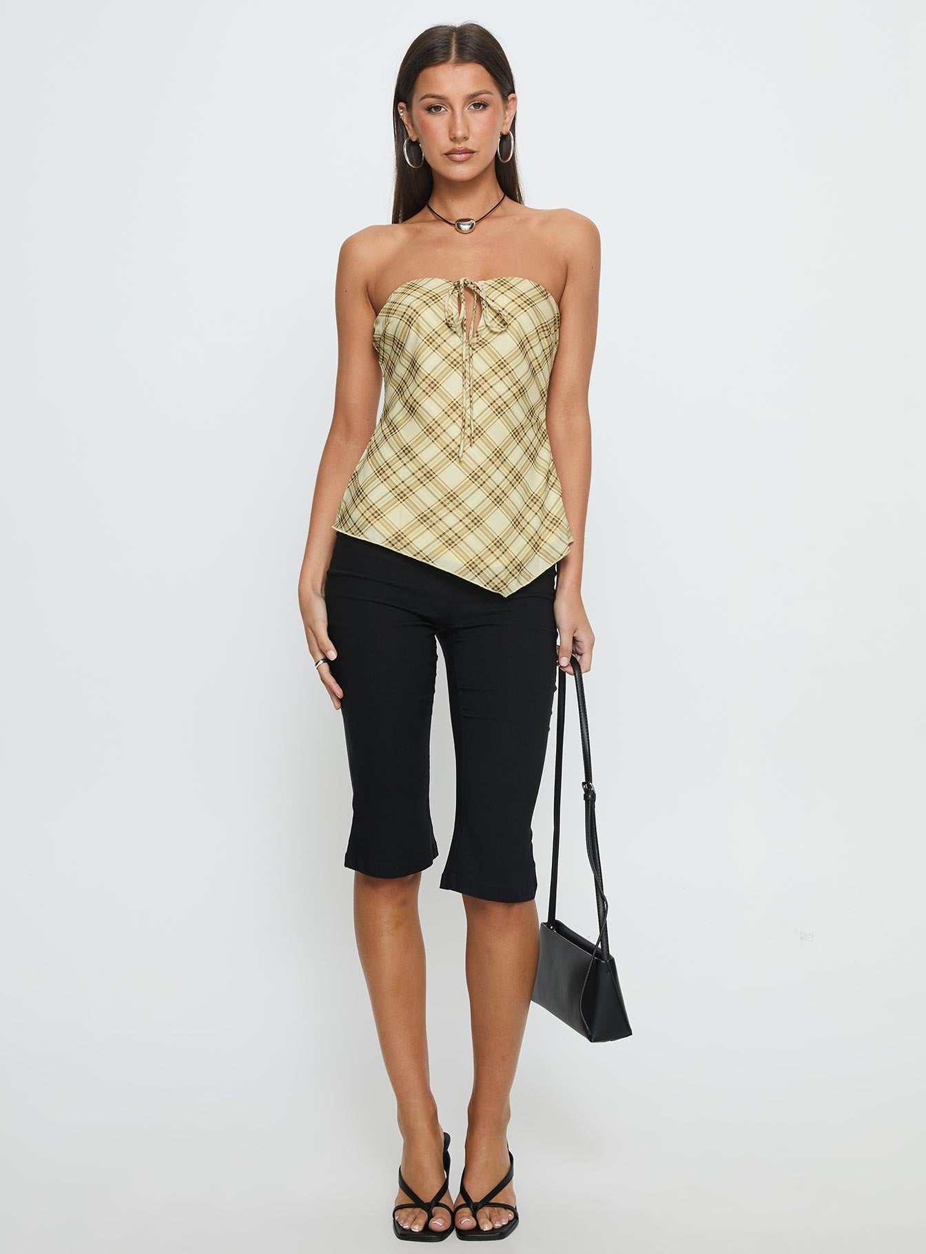 I Wonder Strapless Cut Out Top Yellow Check