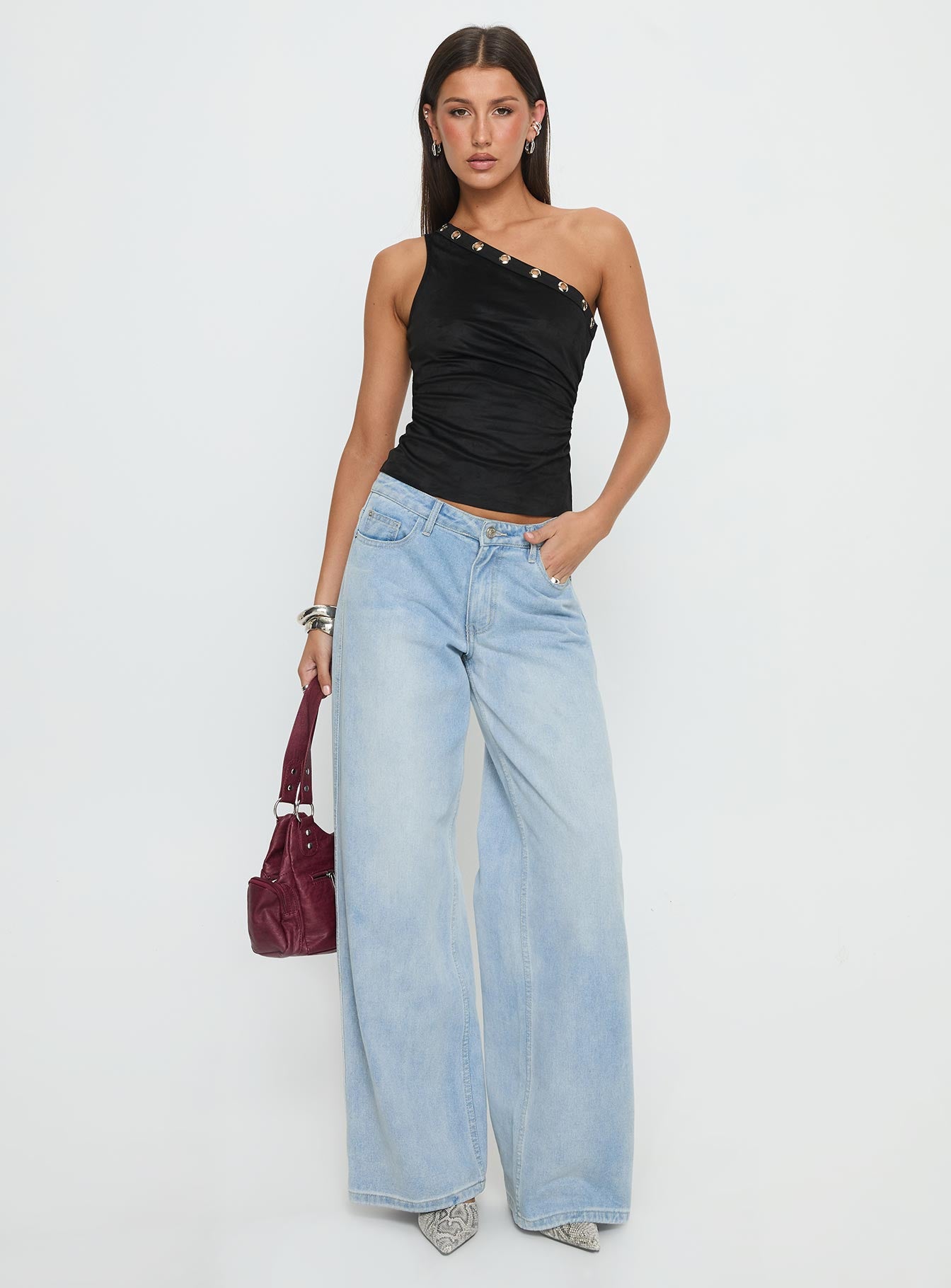 Sophy Studded One Shoulder Top Black