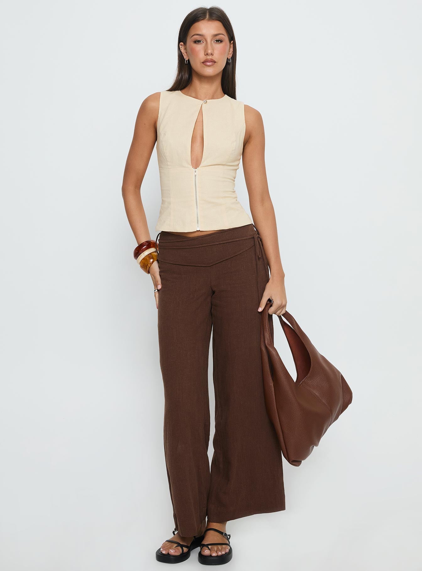 front view of model wearing Princess Polly Silver Moon Linen Blend Tie Pants Brown Mid Rise Pants 
