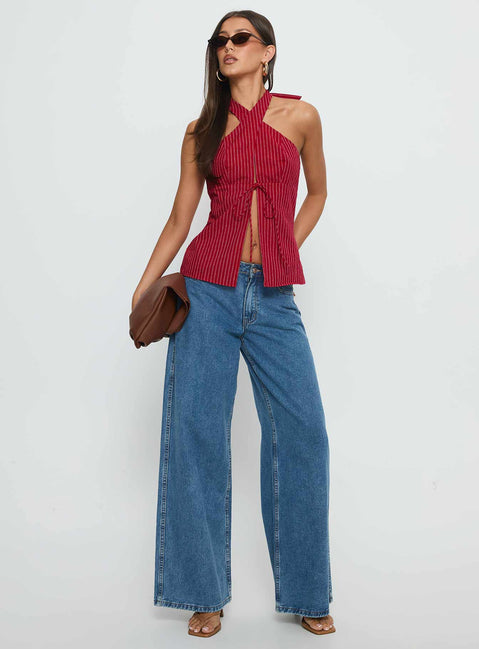 Sensational Cross Front Tie Detail Top Red Stripe