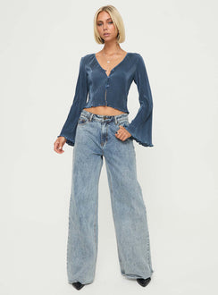 front view of model wearing Princess Polly Collis Long Sleeve Top Blue Full Sleeves V-Neck 