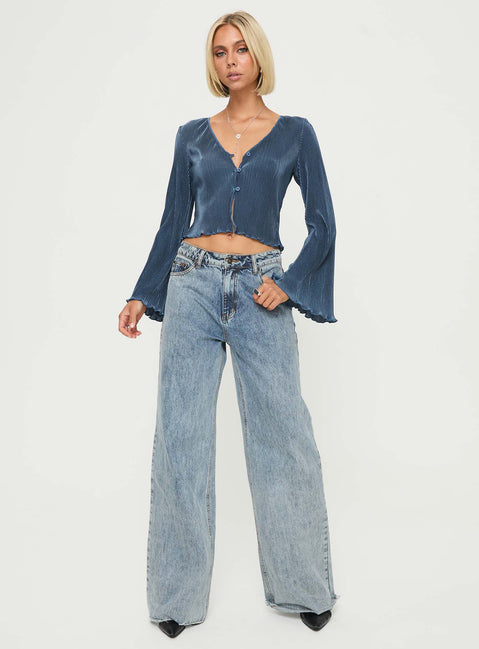 front view of model wearing Princess Polly Collis Long Sleeve Top Blue Full Sleeves V-Neck 