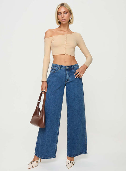 front view of model wearing Princess Polly Hisie One Shoulder Top Beige Full Sleeves Asymmetric Neckline 