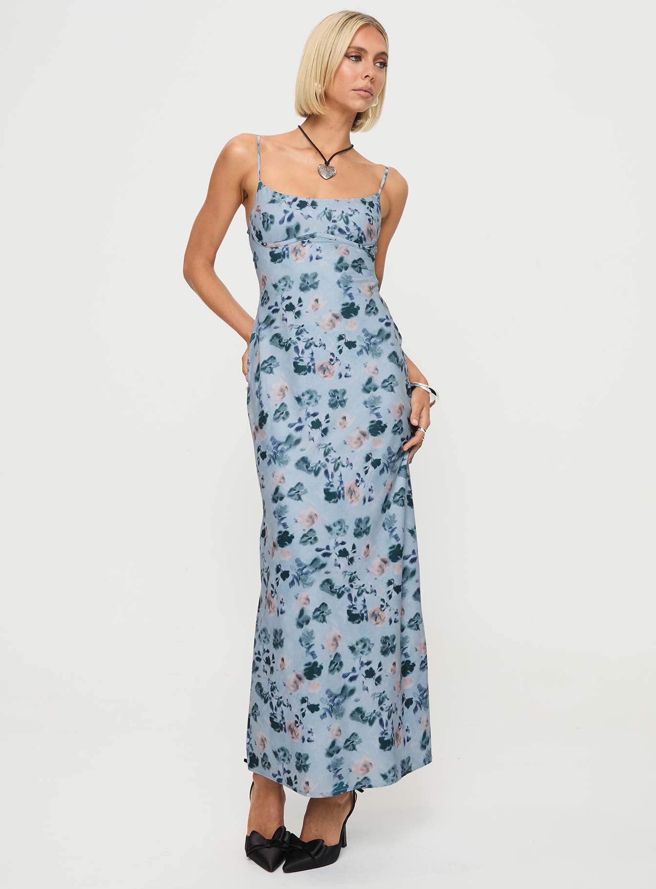 front view of model wearing Princess Polly Ravia Maxi Dress Blue / Floral Square Neck 