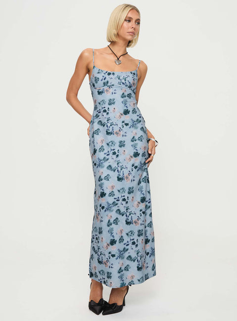 front view of model wearing Princess Polly Ravia Maxi Dress Blue / Floral Square Neck 