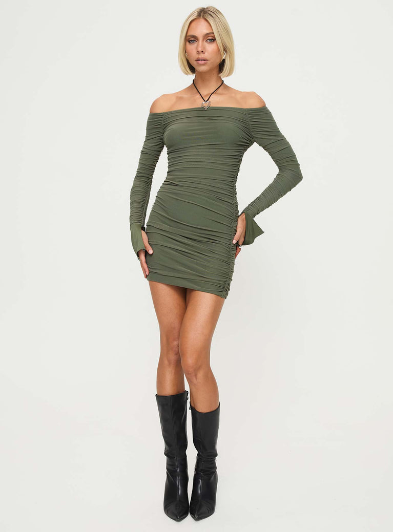 Off the shoulder mini dress Inner silicone strip at bust, ruched design, flared cuff Good stretch, fully lined Princess Polly Lower Impact