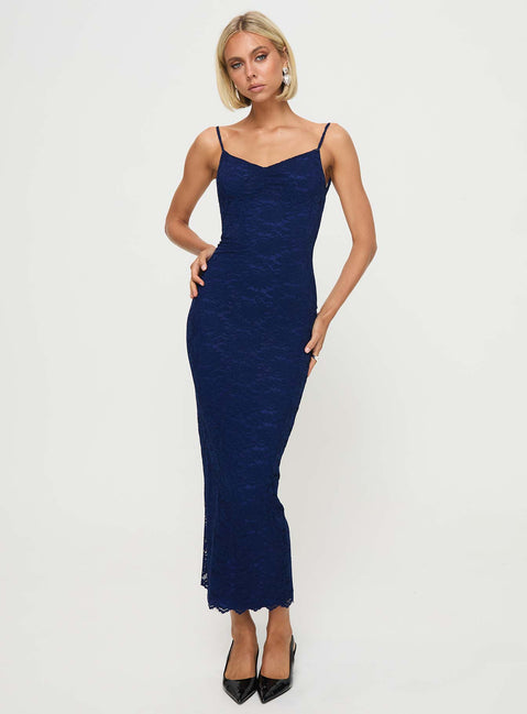 front view of model wearing Princess Polly Khalani Maxi Dress Navy Sweetheart Neckline 