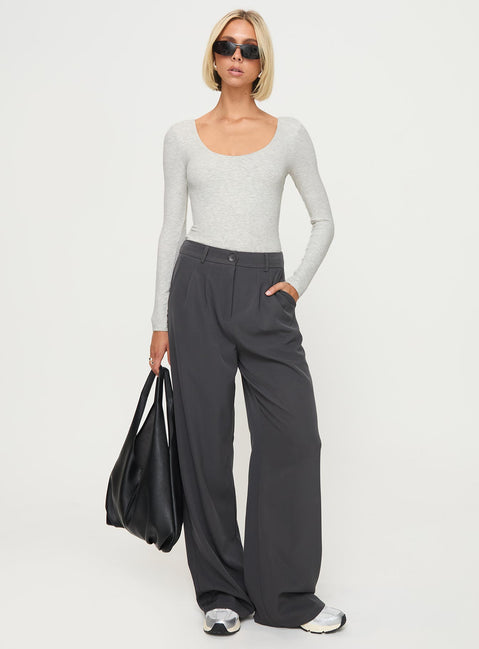 front view of model wearing Princess Polly Greener Long Sleeve Bodysuit Grey Full Sleeves Crew Neck 