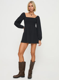 side view of model wearing Princess Polly Summer Nights Long Sleeve Mini Dress Black Square Neck 