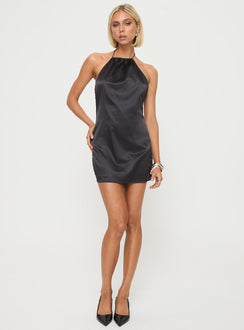 front view of model wearing Princess Polly Langer Mini Dress Black Satin High Neck 