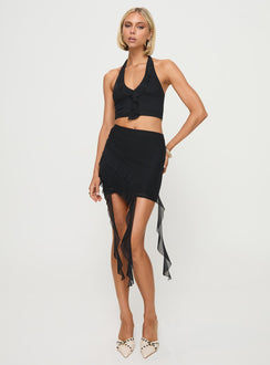 Black mesh matching set Mesh material, halter neck style, cropped fit, ruffle detail, invisible zip fastening