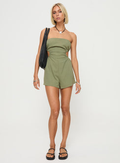 Sage romper Strapless style, inner silicone strip at bust, open back with tie fastening detail