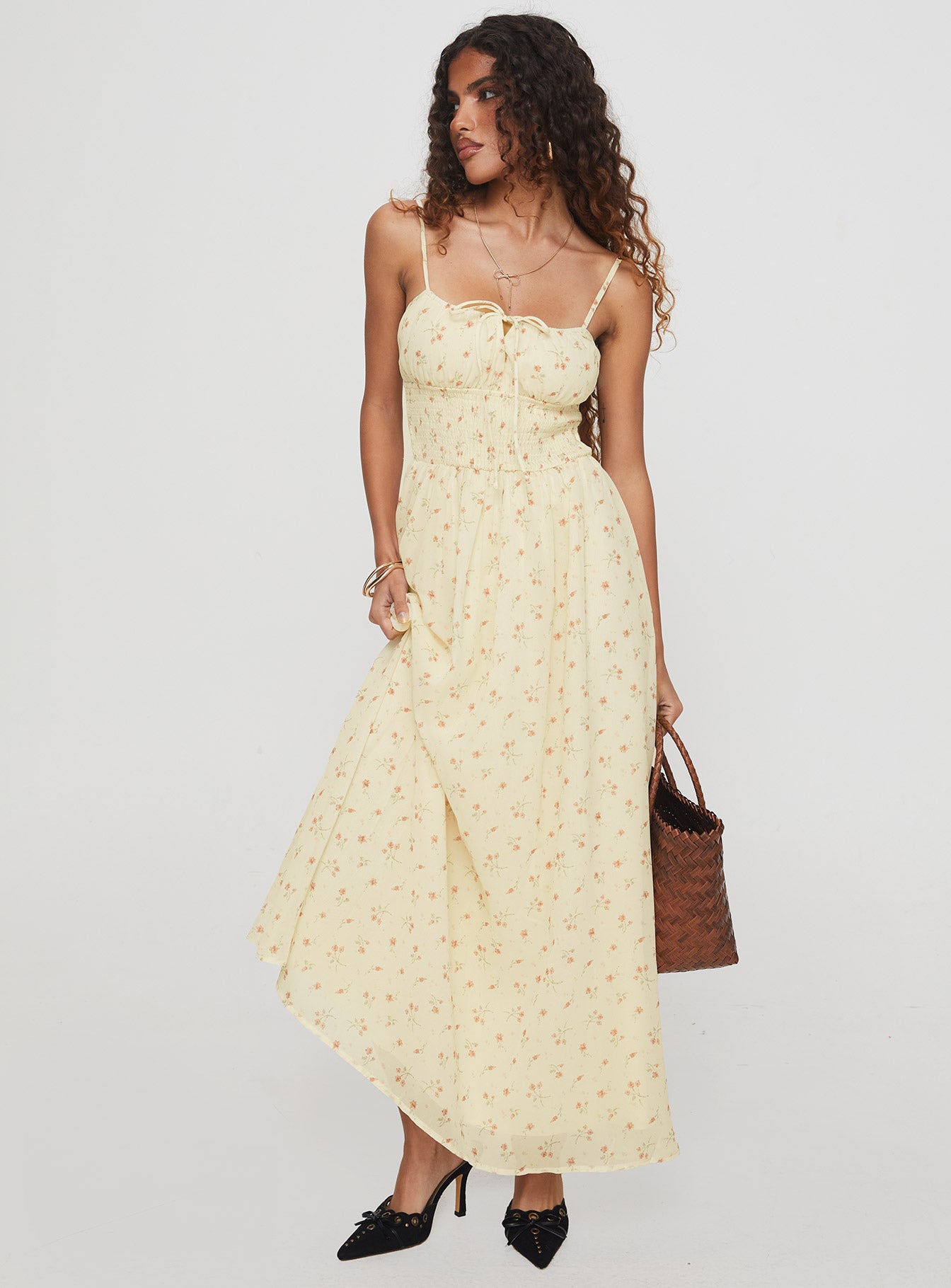 front view of model wearing Princess Polly Pearle Shirred Maxi Dress Cream Floral Square Neck 
