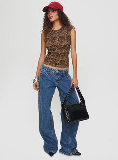 front view of model wearing Princess Polly Lure Top Leopard Sleeveless Crew Neck 