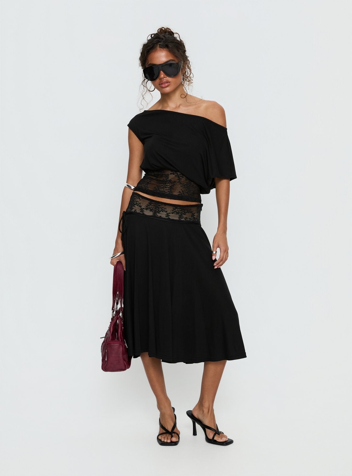   front view of model wearing Princess Polly Marienna Lace Midi Skirt Black Midi Skirts 
