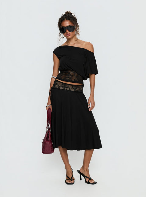   front view of model wearing Princess Polly Marienna Lace Midi Skirt Black Midi Skirts 