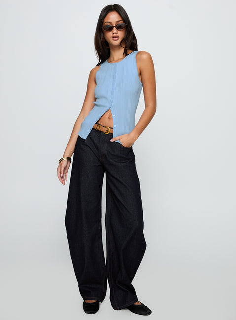 side view of model wearing Princess Polly Oregano Top Blue Sleeveless Crew Neck 