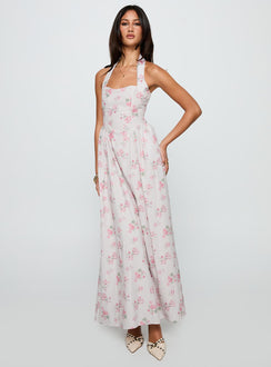 side view of model wearing Princess Polly Sunfields Halter Maxi Dress Multi Square Neck 